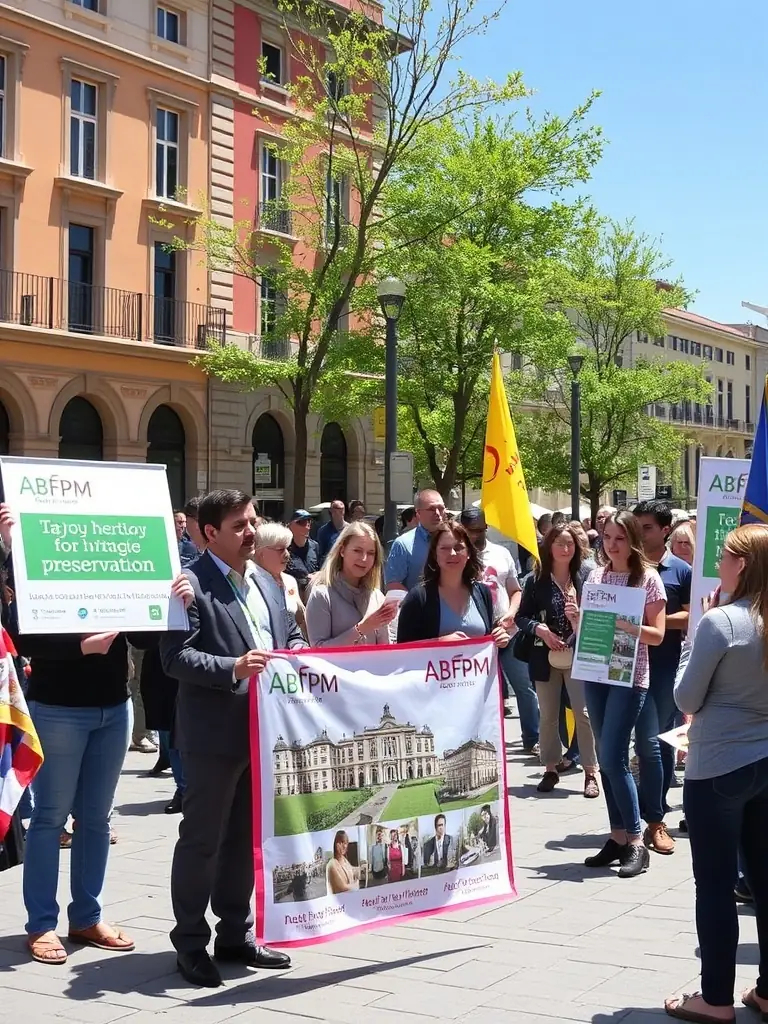 A picture of ABFPM members participating in a public awareness campaign about the importance of preserving French heritage sites.