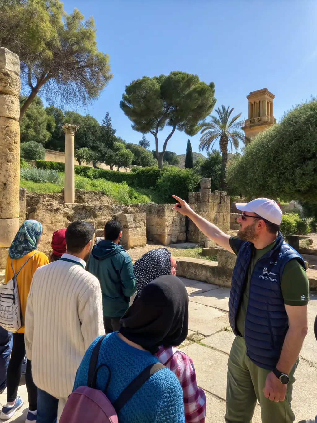 A picture of a guided tour at a UNESCO World Heritage site in France, with a knowledgeable guide explaining the site's history and significance.