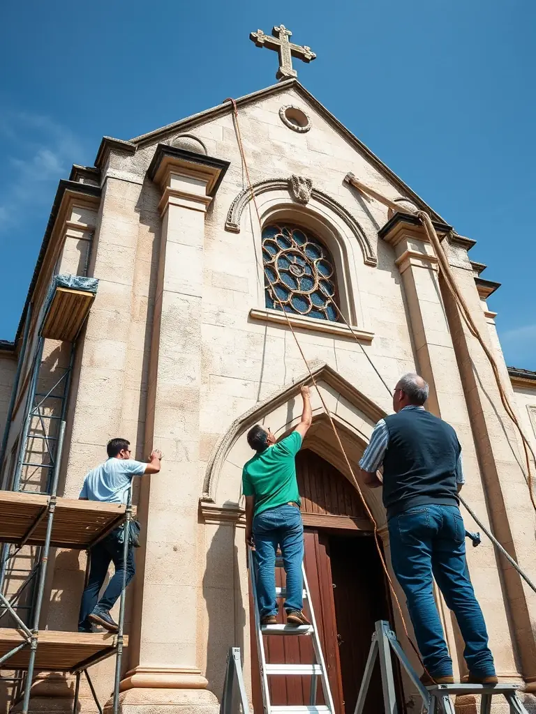 A photograph of a group of volunteers cleaning and restoring a historical building facade in Tours, France, under the guidance of ABFPM.
