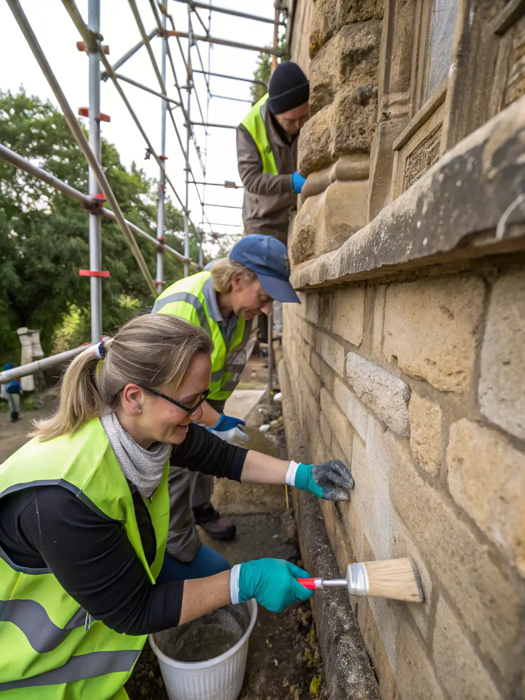 A photograph showcasing volunteers participating in a restoration project at a French heritage site, focusing on hands-on conservation work.